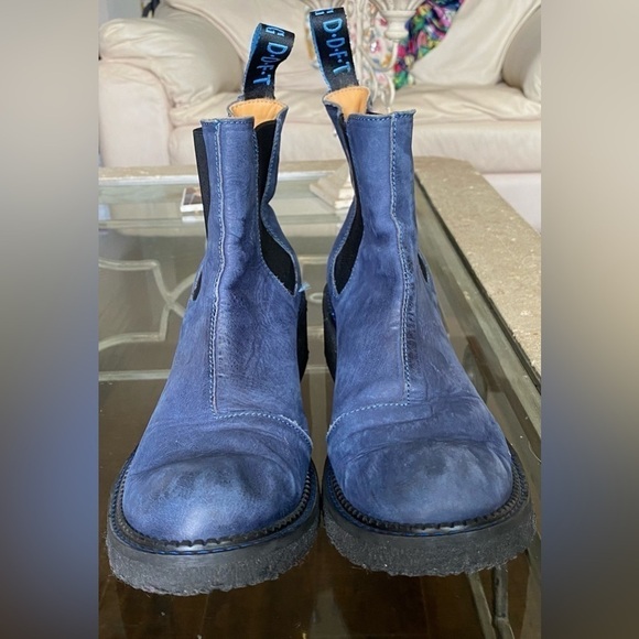 John Fluevog Boot Slacker Nap Crepe Soled Chelsea Leather Heeled Blue 11 GUC - Picture 2 of 10